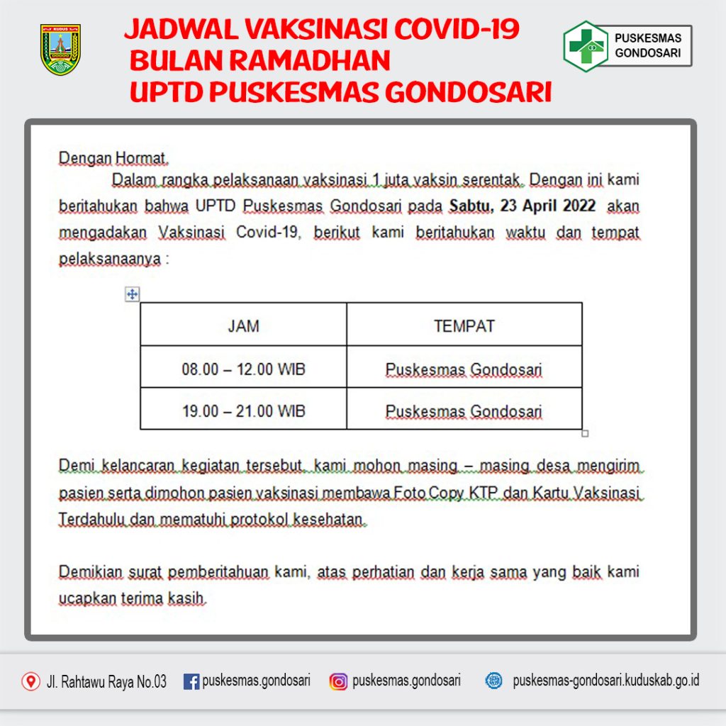 Jadwal Vaksinasi Covid-19 Puskesmas Gondosari Sabtu 23 April 2022